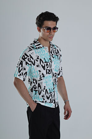 Erkek Grafiti Desenli Turkuaz Hawai Gömlek COC1151