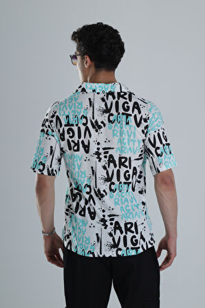 Erkek Grafiti Desenli Turkuaz Hawai Gömlek COC1151