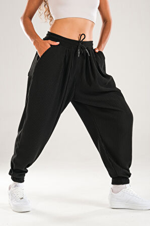 Siyah Fitilli Pileli Jogger Pantolon COC1142
