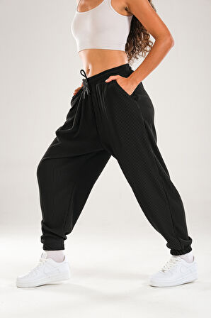 Siyah Fitilli Pileli Jogger Pantolon COC1142