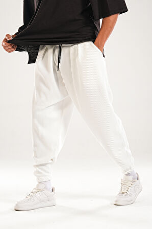 Fitilli Pileli Beyaz Şalvar Pantolon COC1126