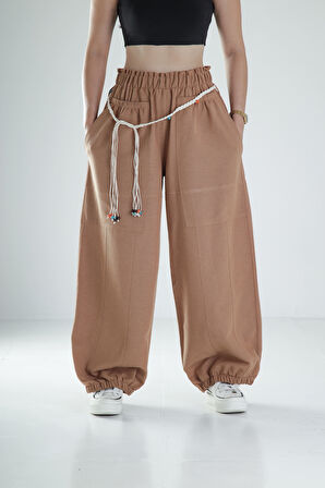Tasarım Keten Kahverengi Baggy Pantolon COC1108