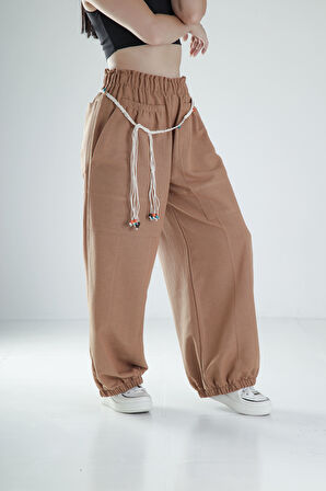 Tasarım Keten Kahverengi Baggy Pantolon COC1108