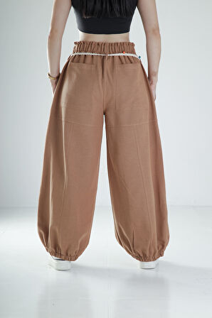Tasarım Keten Kahverengi Baggy Pantolon COC1108