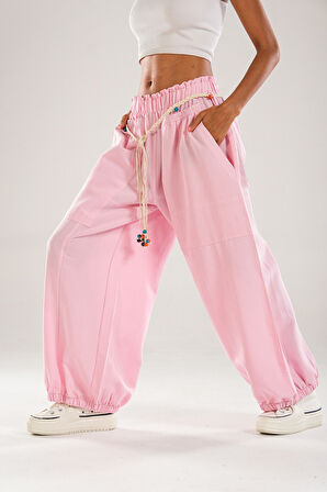 Tasarım Keten Pembe Baggy Pantolon COC1107