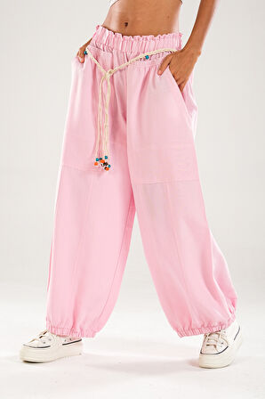 Tasarım Keten Pembe Baggy Pantolon COC1107