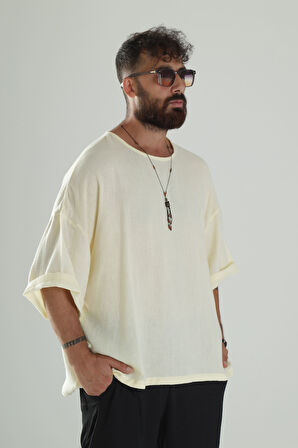 Sarı Müslin Kumaş Oversize Fakir Kol T-Shirt COC1102