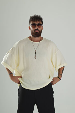 Sarı Müslin Kumaş Oversize Fakir Kol T-Shirt COC1102