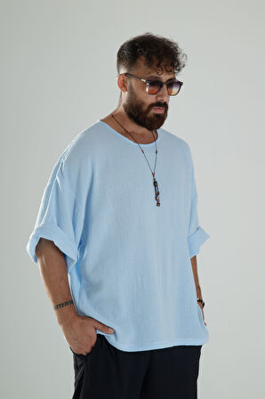 Mavi Müslin Kumaş Oversize Fakir Kol T-Shirt COC1101