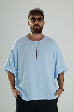 Mavi Müslin Kumaş Oversize Fakir Kol T-Shirt COC1101