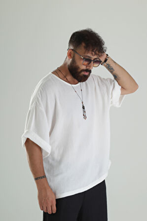 Beyaz Müslin Kumaş Oversize Fakir Kol T-Shirt COC1299