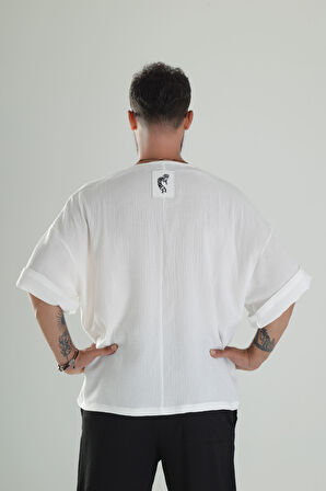 Beyaz Müslin Kumaş Oversize Fakir Kol T-Shirt COC1299