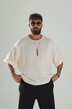 Bej Müslin Kumaş Oversize Fakir Kol T-Shirt COC1298