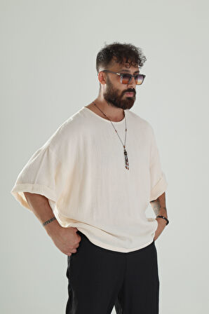Bej Müslin Kumaş Oversize Fakir Kol T-Shirt COC1298