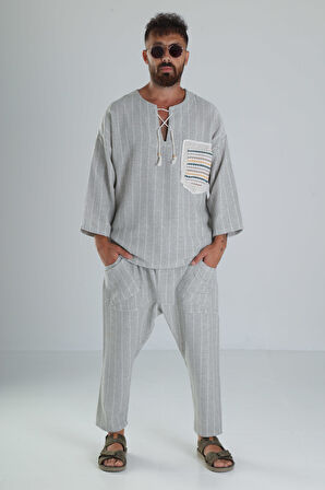 Yeşil Keten Pamuk Tasarım Şalvar Takım COC1286