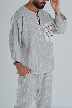 Yeşil Keten Pamuk Tasarım Şalvar Takım COC1286