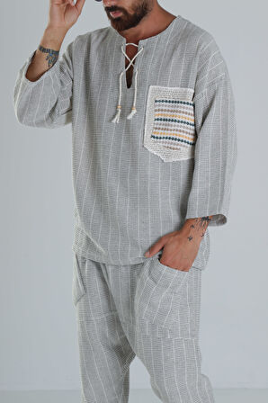 Yeşil Keten Pamuk Tasarım Şalvar Takım COC1286