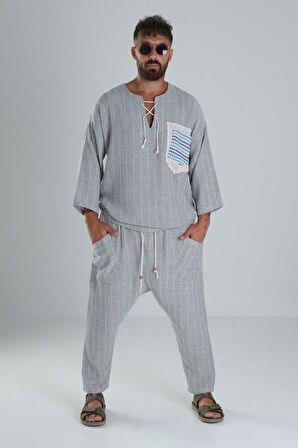 Gri Keten Pamuk Tasarım Şalvar Takım COC1285