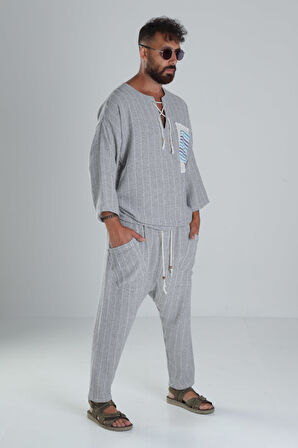 Gri Keten Pamuk Tasarım Şalvar Takım COC1285