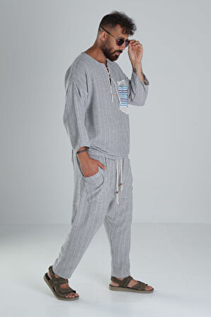 Gri Keten Pamuk Tasarım Şalvar Takım COC1285