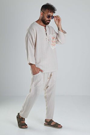 Bej Keten Pamuk Tasarım Şalvar Takım COC1284