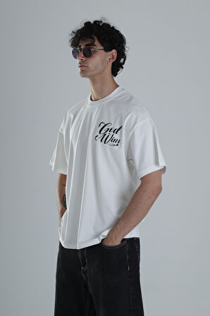God Wins Beyaz Oversize Tasarım T-Shirt COC1388