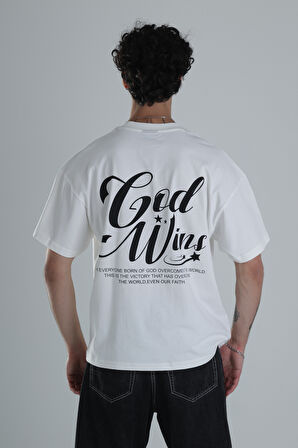God Wins Beyaz Oversize Tasarım T-Shirt COC1388
