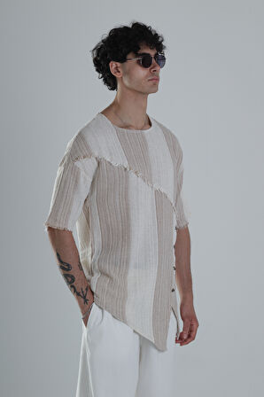 Asimetrik Tasarım Bej T-Shirt COC1381