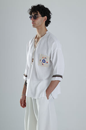 Kolyeli Tasarım Beyaz Fakir Kol T-Shirt COC1362