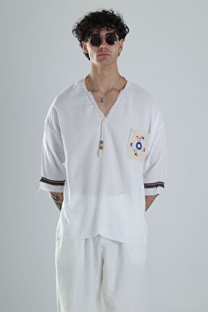 Kolyeli Tasarım Beyaz Fakir Kol T-Shirt COC1362