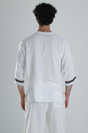 Kolyeli Tasarım Beyaz Fakir Kol T-Shirt COC1362