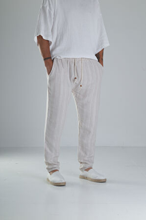 Kahve Çizgili Müslin Keten Baggy Pantolon COC1358