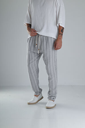 Gri Çizgili Müslin Keten Baggy Pantolon COC1357