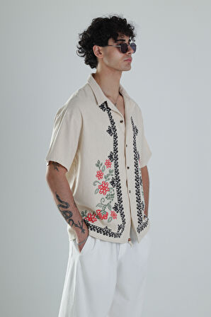 Çiçek Desenli Keten Tasarım Gömlek COC1355