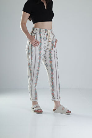 Etnik Desenli Keten Pantolon COC1328