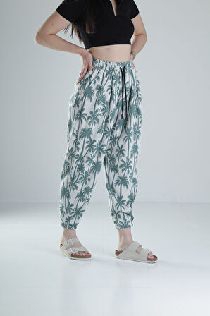 Yeşil Palmiye Desenli Pileli Jogger COC1326