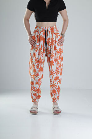 Turuncu Palmiye Desenli Pileli Jogger COC1322