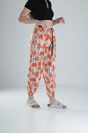 Turuncu Palmiye Desenli Pileli Jogger COC1322