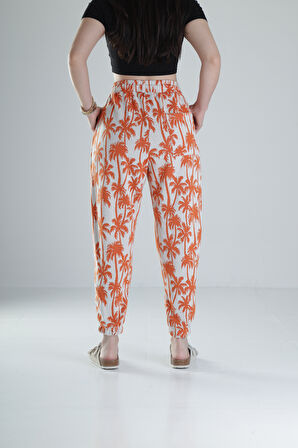 Turuncu Palmiye Desenli Pileli Jogger COC1322