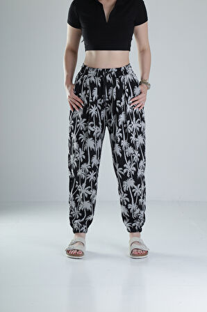 Siyah Palmiye Desenli Pileli Jogger COC1318