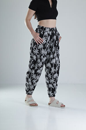 Siyah Palmiye Desenli Pileli Jogger COC1318