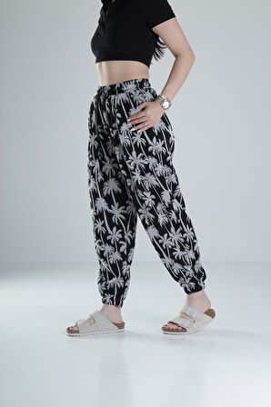 Siyah Palmiye Desenli Pileli Jogger COC1318