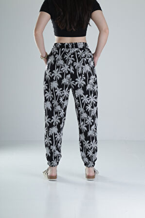 Siyah Palmiye Desenli Pileli Jogger COC1318