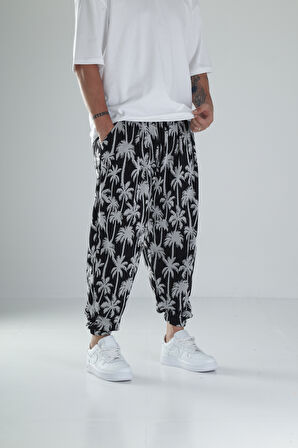 Palmiye Desenli Siyah Pileli Jogger COC1494