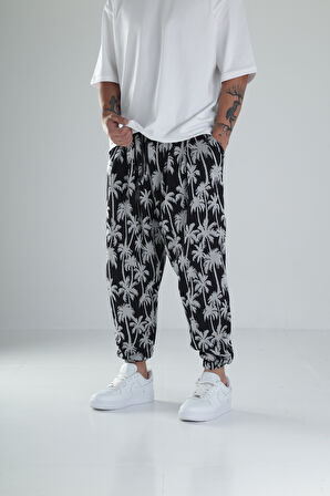 Palmiye Desenli Siyah Pileli Jogger COC1494