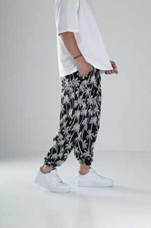 Palmiye Desenli Siyah Pileli Jogger COC1494