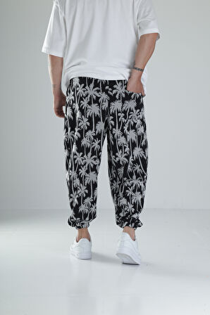 Palmiye Desenli Siyah Pileli Jogger COC1494