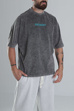 Breakout Yıkamalı Antrasit Oversize Tasarım T-Shirt COC1484