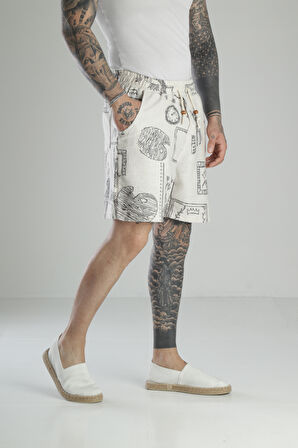 Karikatür Baskılı Keten Şort COC1468