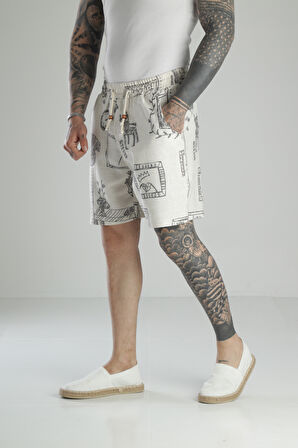 Karikatür Baskılı Keten Şort COC1468